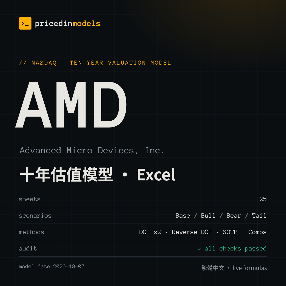 AMD Advanced Micro Devices, Inc. — 十年估值模型（Excel）