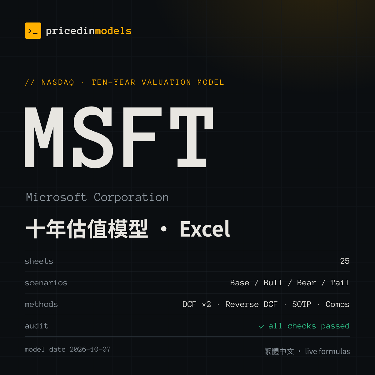 MSFT Microsoft — 十年估值模型（Excel）