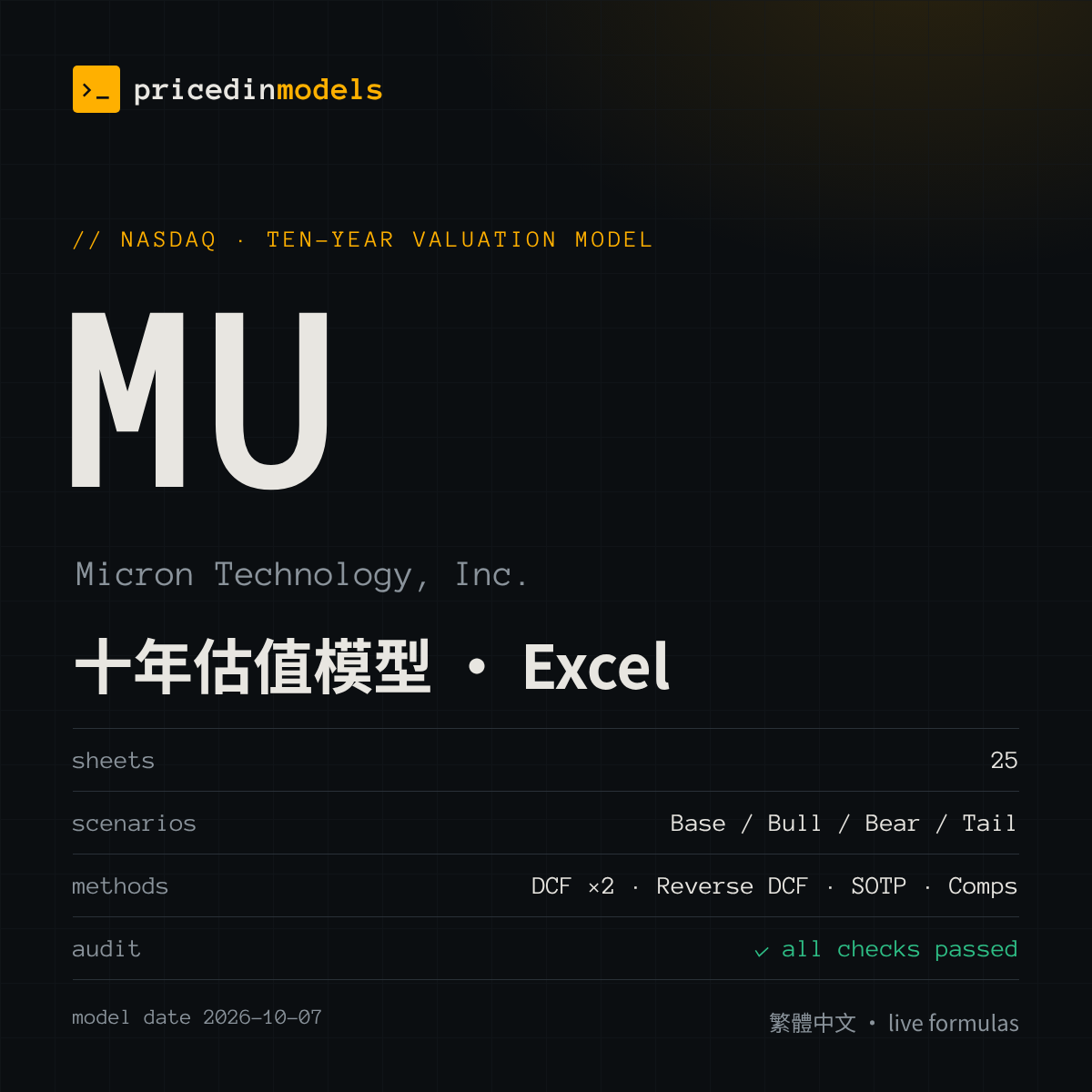 MU Micron Technology — 十年估值模型（Excel）